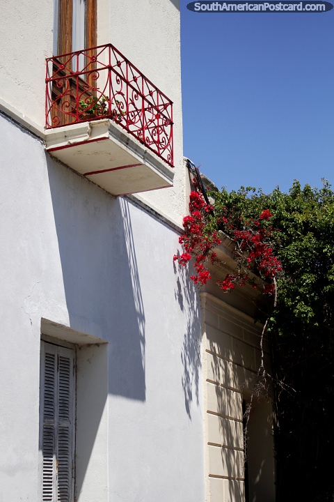Red iron balcony, a white facade and red flowers, the streets in Colonia. (480x720px). Uruguay, South America.