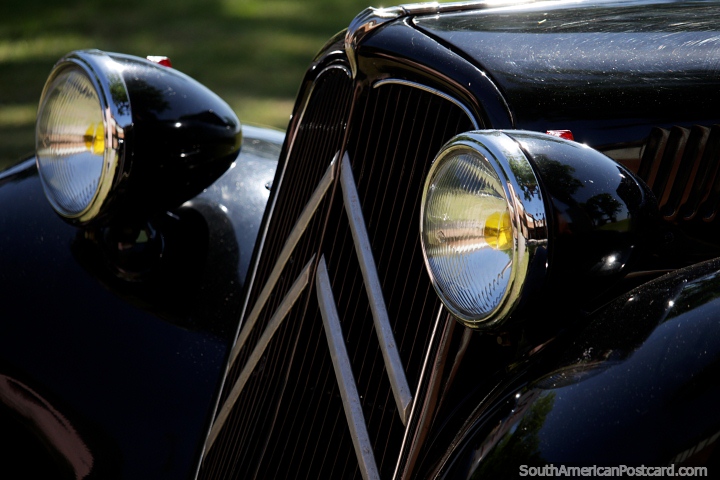 Lights and front grill of a vintage car in great condition in Colonia. (720x480px). Uruguay, South America.