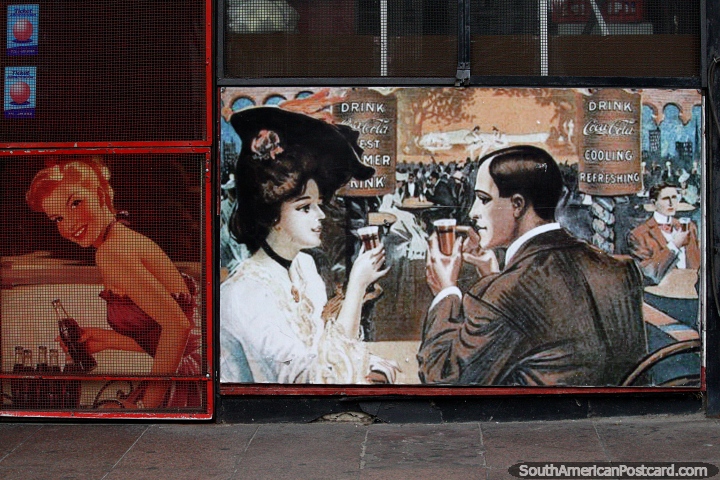 Cartel y imgenes clsicos de Coca-Cola en Montevideo, una pareja en un bar y una mujer joven. (720x480px). Uruguay, Sudamerica.