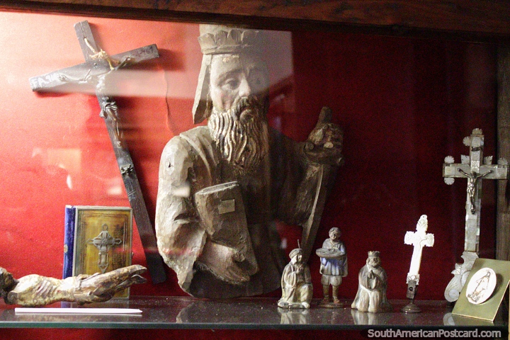 Religious ceramic and metal works on display at Mazzoni Museum in Maldonado. (720x480px). Uruguay, South America.