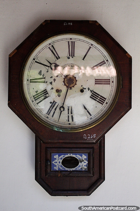 Juan Shaw (Montevideo) antique clock on display at Mazzoni Museum in Maldonado. (480x720px). Uruguay, South America.