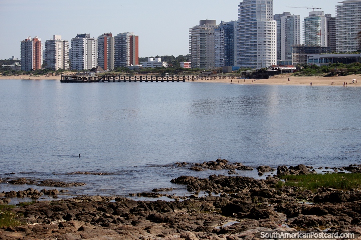 Vivir en apartamentos en la playa de Mansa en Punta del Este con rocas, embarcadero y arena. (720x480px). Uruguay, Sudamerica.