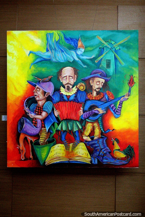 El trío de Cervantes, los músicos tocan en hermosos colores brillantes, pintura en venta en la galería La Vista, Punta del Este. (480x720px). Uruguay, Sudamerica.