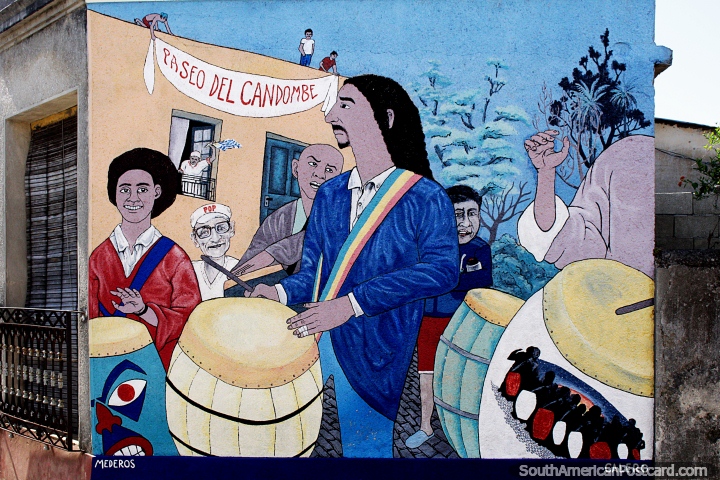 Paseo del Candombe, fantastic mural of musicians playing drums in the street in Rocha. (720x480px). Uruguay, South America.