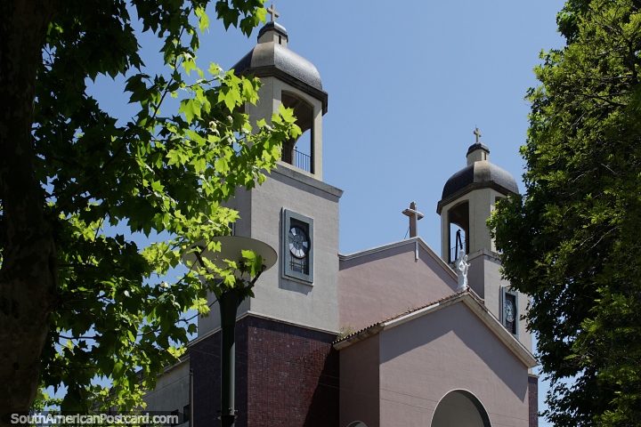 Towers of the church in Rocha, view from the plaza with trees. (720x480px). Uruguay, South America.