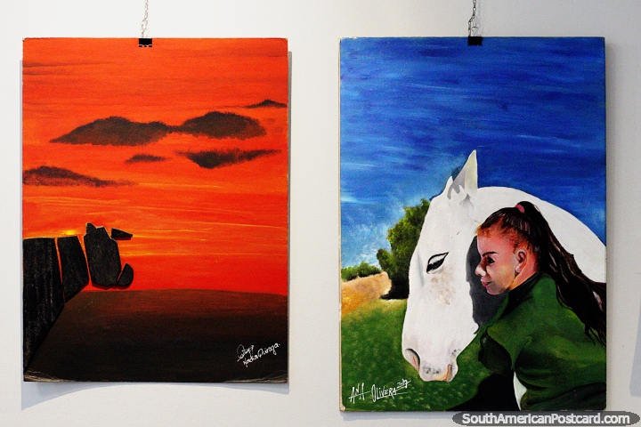 Girl with a horse and a red sunset, paintings at the fine arts museum in Treinta y Tres. (720x480px). Uruguay, South America.