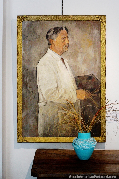 Painting of an artist dressed in white, a ceramic vase, fine arts museum, Treinta y Tres. (480x720px). Uruguay, South America.
