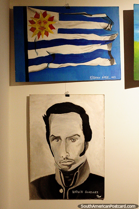 Paintings of the national flag and of Jose Artigas by the children of Treinta y Tres. (480x720px). Uruguay, South America.