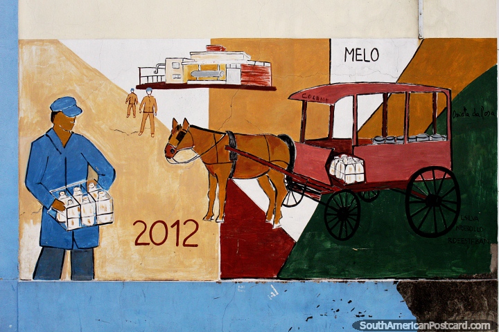 Milk is brought by horse and cart from the factory, street mural in Melo. (720x480px). Uruguay, South America.