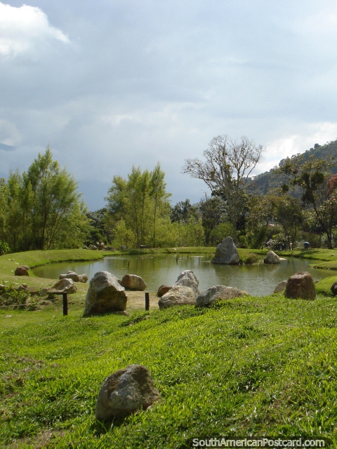 Pond, rocks and wooden bridge at the Merida botanical gardens. (480x640px). Venezuela, South America.