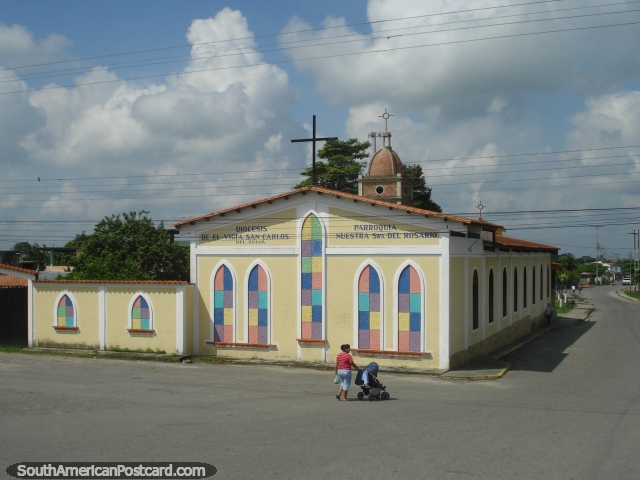 Yellow church with multicolored windows in Mucujepe. (640x480px). Venezuela, South America.