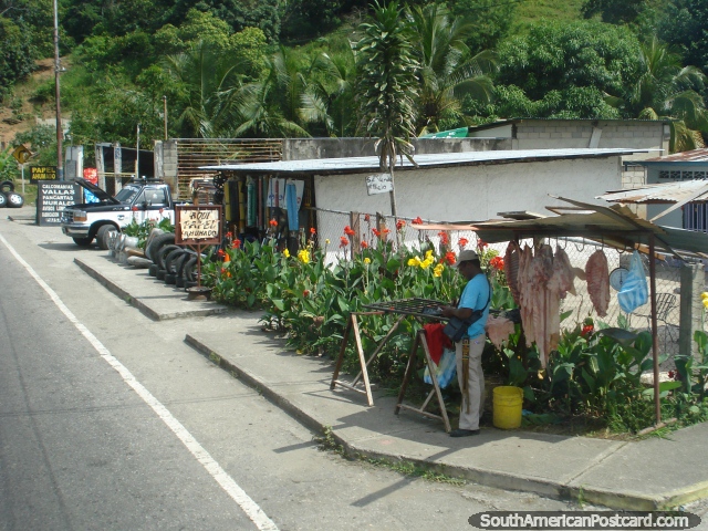 Um homem vende a carne que suspende de ganchos em uma esquina de rua, Mérida a Maracaibo. (640x480px). Venezuela, América do Sul.