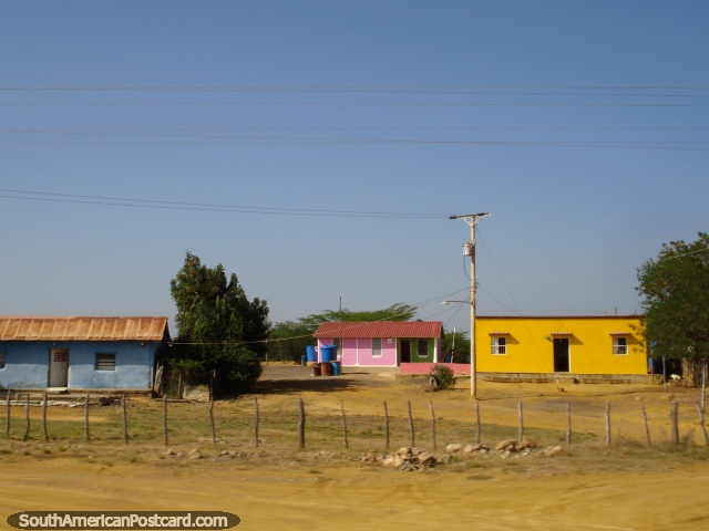 Colorfully painted houses of blue, pink and yellow in the countryside west of Coro. (640x480px). Venezuela, South America.