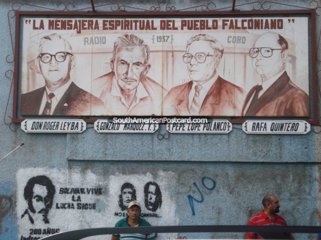 Dom Roger Leyba, Gonzalo Marquez, Pepe Lupe Polanco, Rafa Quintero, quadro de avisos e cartazes em Coro. (640x480px). Venezuela, Amrica do Sul.