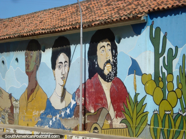 Wall mural in Coro of 3 important figures including musician Ali Primera. (640x480px). Venezuela, South America.