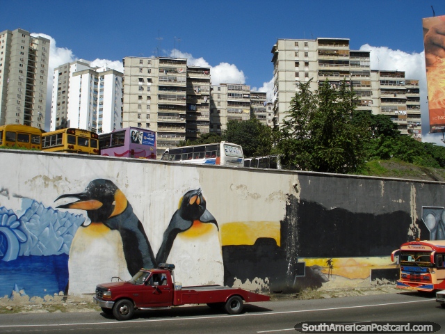 Muchos bloques de pisos y pintura mural del pingino que entra en Caracas desde el Oeste. (640x480px). Venezuela, Sudamerica.