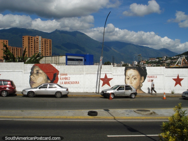 Juana Ramirez la Avanzadora (1790-1856) y Manuela Saenz (1795-1856) pintura mural en Caracas. (640x480px). Venezuela, Sudamerica.