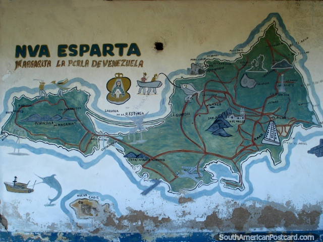 El mapa de Isla Margarita, el La Restinga es correcto en el centro. (640x480px). Venezuela, Sudamerica.