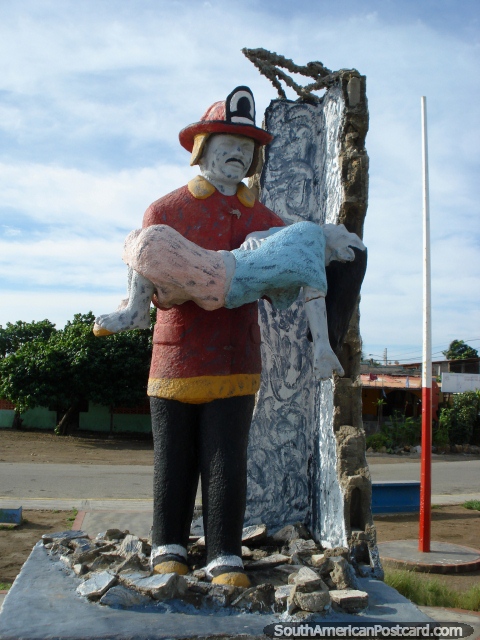 Monument to firemen in a plaza in Boca de Rio, Isla Margarita. (480x640px). Venezuela, South America.