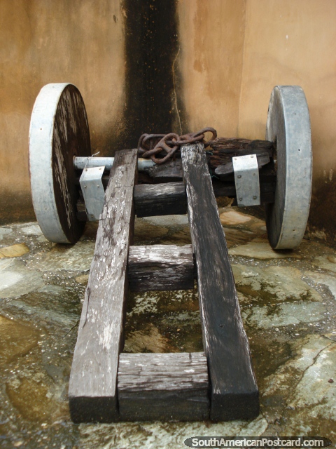 An old cannon cart made of wood at the castle in La Asuncion, Isla Margarita. (480x640px). Venezuela, South America.