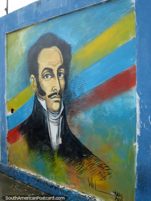Simon Bolivar wall mural on the street in Juan Griego, Isla Margarita. (480x640px). Venezuela, South America.