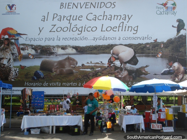 Entrance to Parque Cachamay and Zoologico Loefling, billboard in Ciudad Guayana. (640x480px). Venezuela, South America.