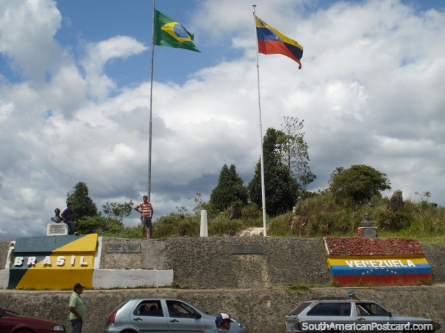 Flags and monuments on the border of Venezuela and Brazil near Santa Elena. (640x480px). Venezuela, South America.