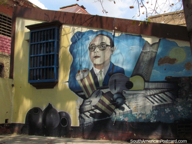 Plaza San Juan de Maracaibo, mural en la pared, debe haber sido un músico. (640x480px). Venezuela, Sudamerica.