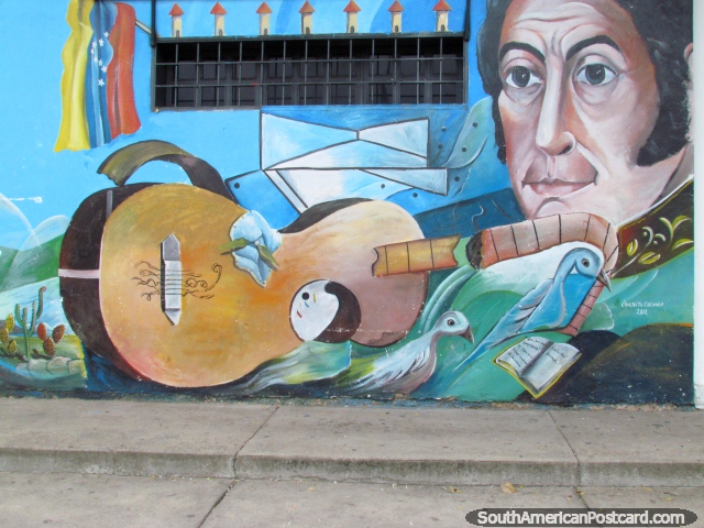 Simon Bolivar y guitarra, mural en la pared en Carora. (640x480px). Venezuela, Sudamerica.