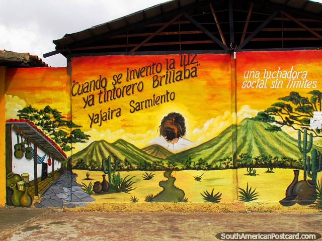 Mural of mountains, river, cactus and guitars in El Tintorero. (640x480px). Venezuela, South America.