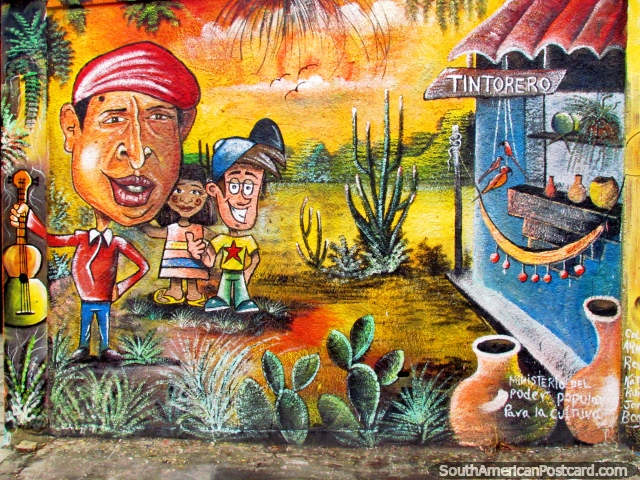 Hugo Chavez sostiene una guitarra, mural de la pared en El Tintorero. (640x480px). Venezuela, Sudamerica.