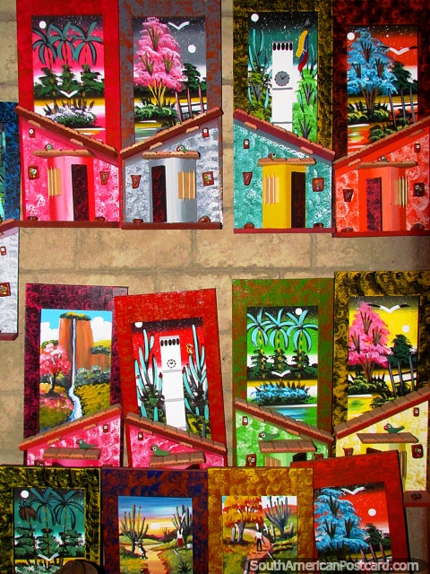 3 dimensional wall hangings with house and scenery in El Tintorero. (480x640px). Venezuela, South America.