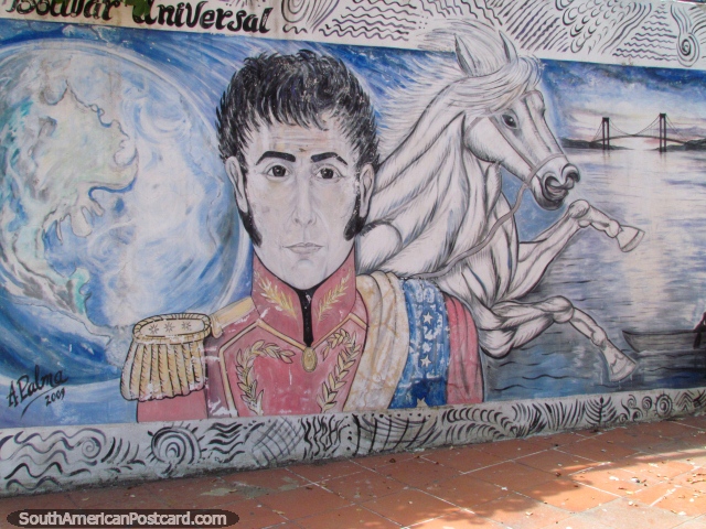 Mural de Simon Bolivar com cavalo branco e ponte em Cidade Bolivar. (640x480px). Venezuela, América do Sul.