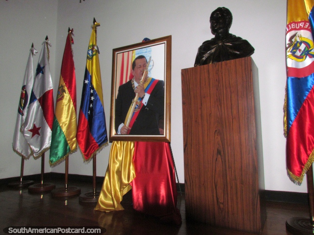 Room at the House of Congress with bust of Bolivar and photo of Chavez, Ciudad Bolivar. (640x480px). Venezuela, South America.