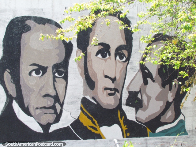 Simon Bolivar en el centro y otros 2 hombres, pintura mural en Puerto la Cruz. (640x480px). Venezuela, Sudamerica.