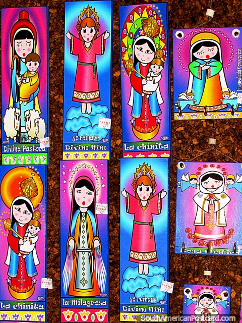 Colorful religious figures wall pictures, souvenir shop, Colonia Tovar. (480x640px). Venezuela, South America.