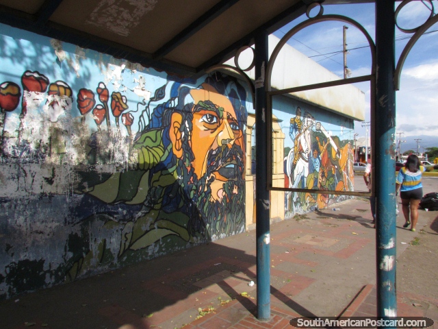 Old wall art of a bearded man, view from a bus shelter in Coro. (640x480px). Venezuela, South America.