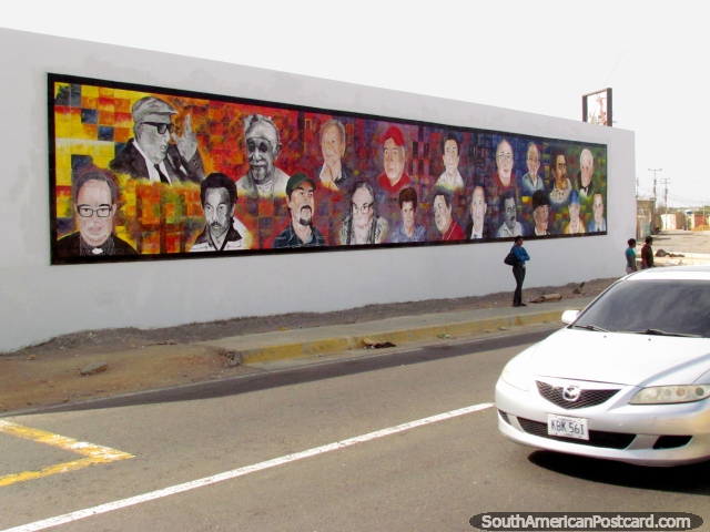 Um mural assombroso que representa 20 caras de venezuelanos famosos em Punto Fijo. (640x480px). Venezuela, América do Sul.