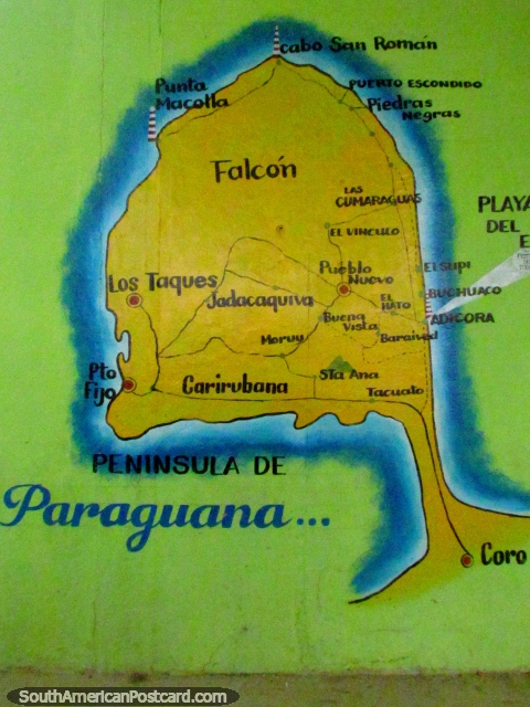 O mapa da Pennsula de Paraguana, Adicora est na costa do leste, Punto Fijo est no oeste. (480x640px). Venezuela, Amrica do Sul.