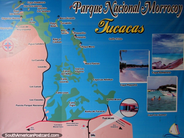 Mapa das ilhas e praias de Parque Nacional Morrocoy. (640x480px). Venezuela, Amrica do Sul.