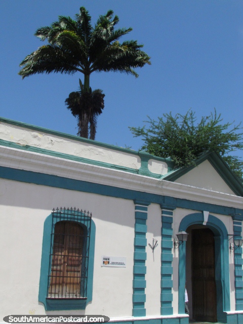 Edificio histórico verde y blanco con palmera detrás en Barquisimeto. (480x640px). Venezuela, Sudamerica.