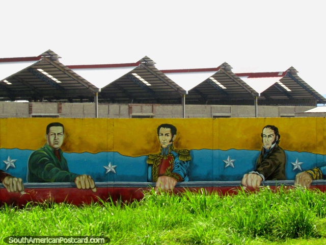 Chavez, Bolvar e outro homem impt., mural de parede em Barinas. (640x480px). Venezuela, Amrica do Sul.