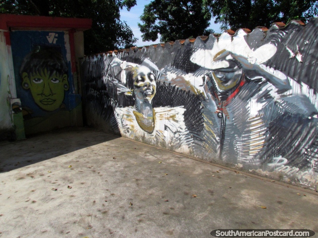 Homem com chapéu e uma mulher dançando, arte de parede na Plaza O'Leary em Barinas. (640x480px). Venezuela, América do Sul.