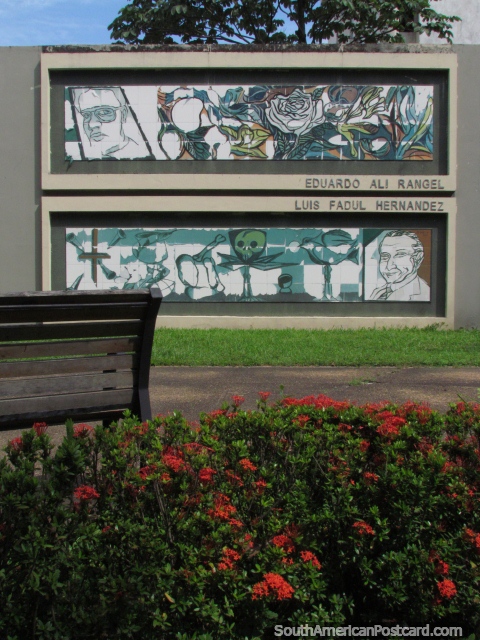 Eduardo Ali Rangel y Luis Fadul Hernandez, pintura mural de poetas en la Plaza de Poetas en Barinas. (480x640px). Venezuela, Sudamerica.