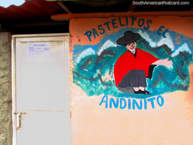 Pastelitos El Andinito, mural de um homem local em vermelho em Mucuchies. (640x480px). Venezuela, Amrica do Sul.