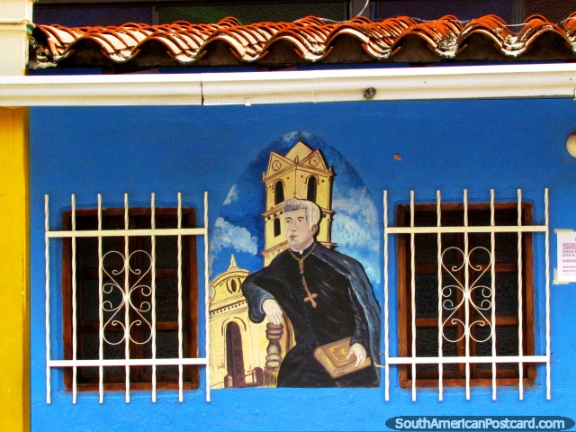 Mural of the bishop outside his church in Mucuchies. (640x480px). Venezuela, South America.