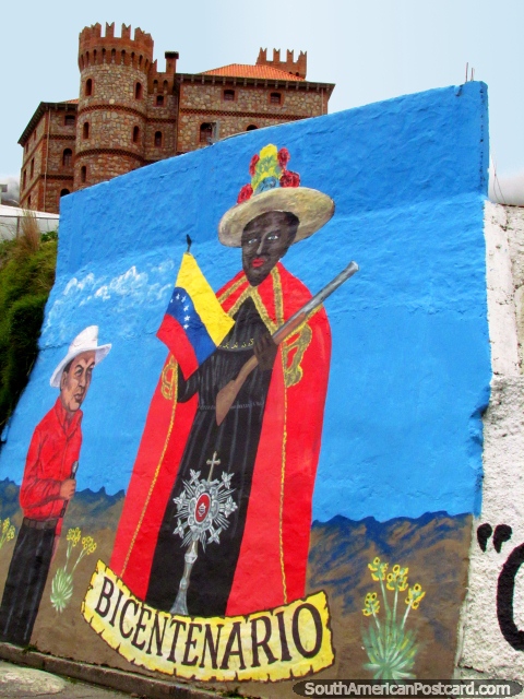 Una pintura mural de un hombre indgena y un agricultor que celebra el bicentenario, el castillo detrs, Mucuchies. (480x640px). Venezuela, Sudamerica.