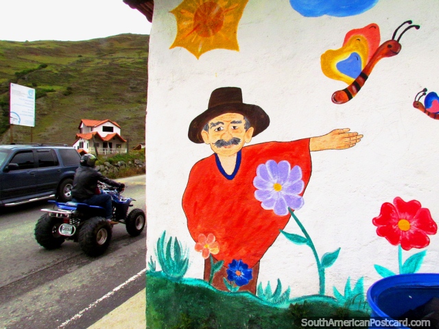 Pintura mural de un hombre local con sombrero, mariposas y flores en La Mucuchache. (640x480px). Venezuela, Sudamerica.