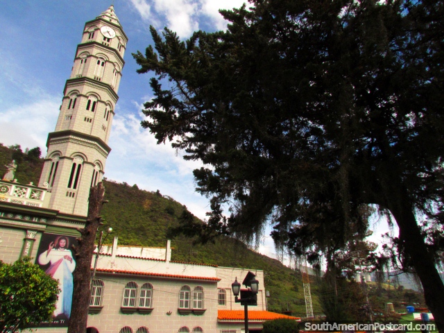 The church steeple and big tree in Timotes. (640x480px). Venezuela, South America.