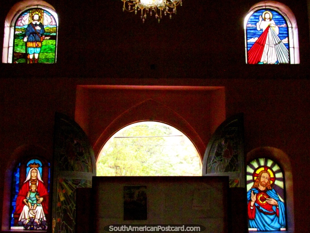 Jesus dressed up as Superman stained glass window at St. Benedict Chapel in Timotes. (640x480px). Venezuela, South America.